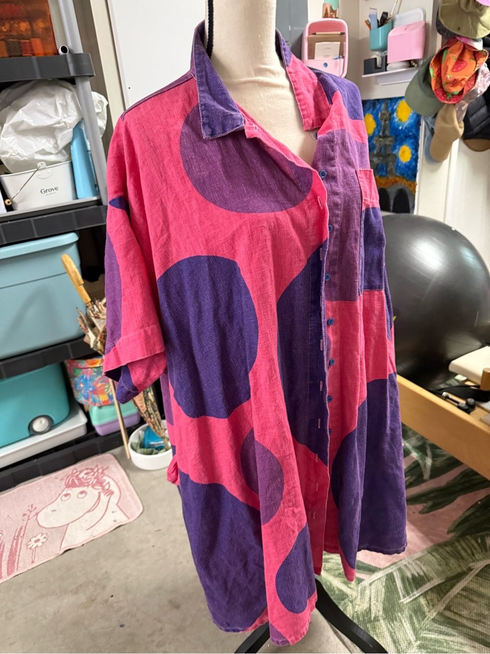 Relaxed Button-Down Shirt in Pink with Purple Dot Print